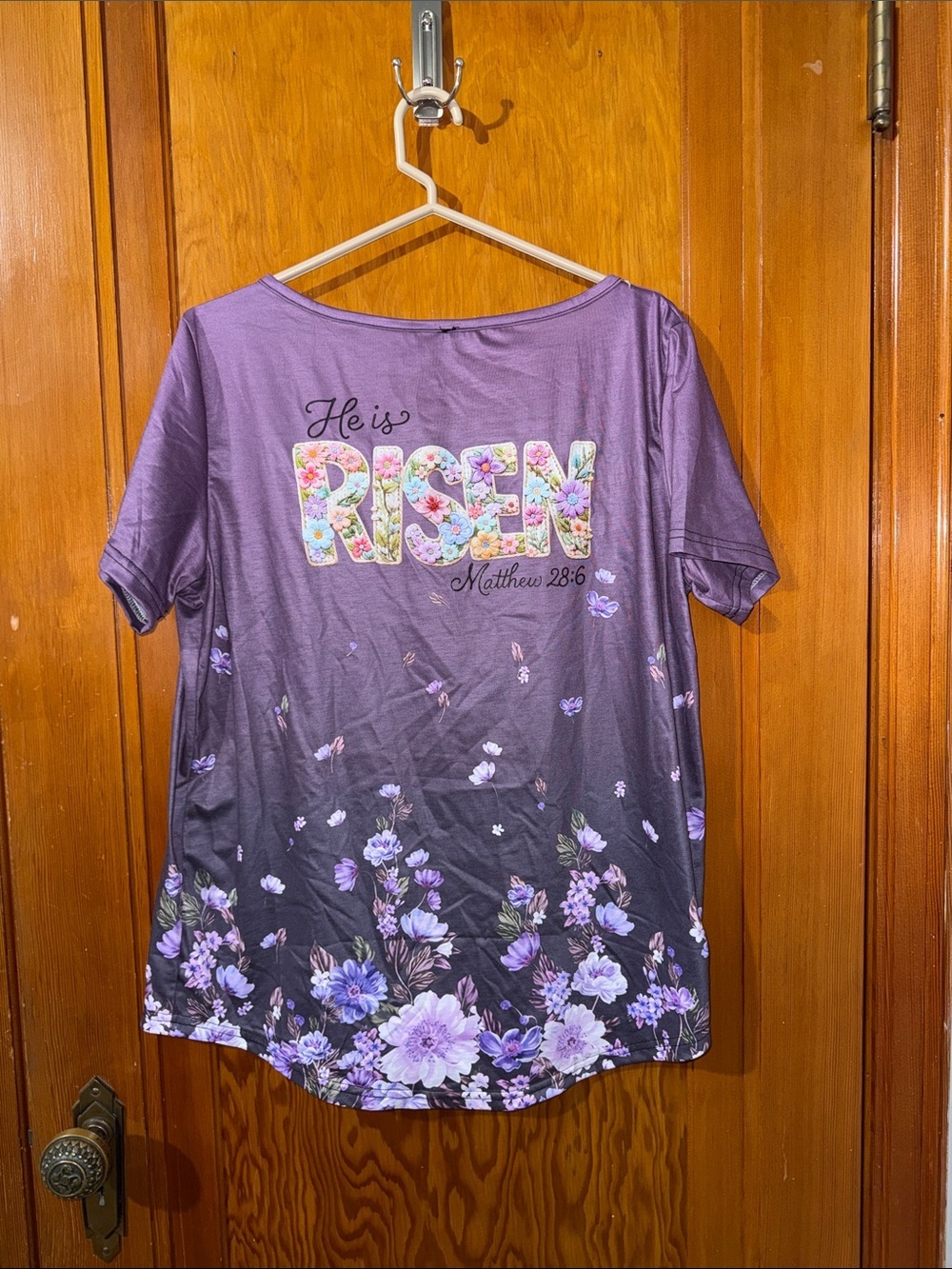 Purple Floral "He is Risen" Short-Sleeve Women's Tee
